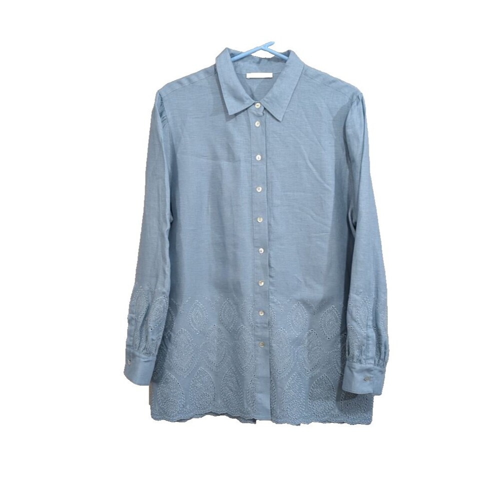 ELIE TAHARI Linen Eyelet Tunic Top Shirt Embroidered Light Blue XL Cottagecore